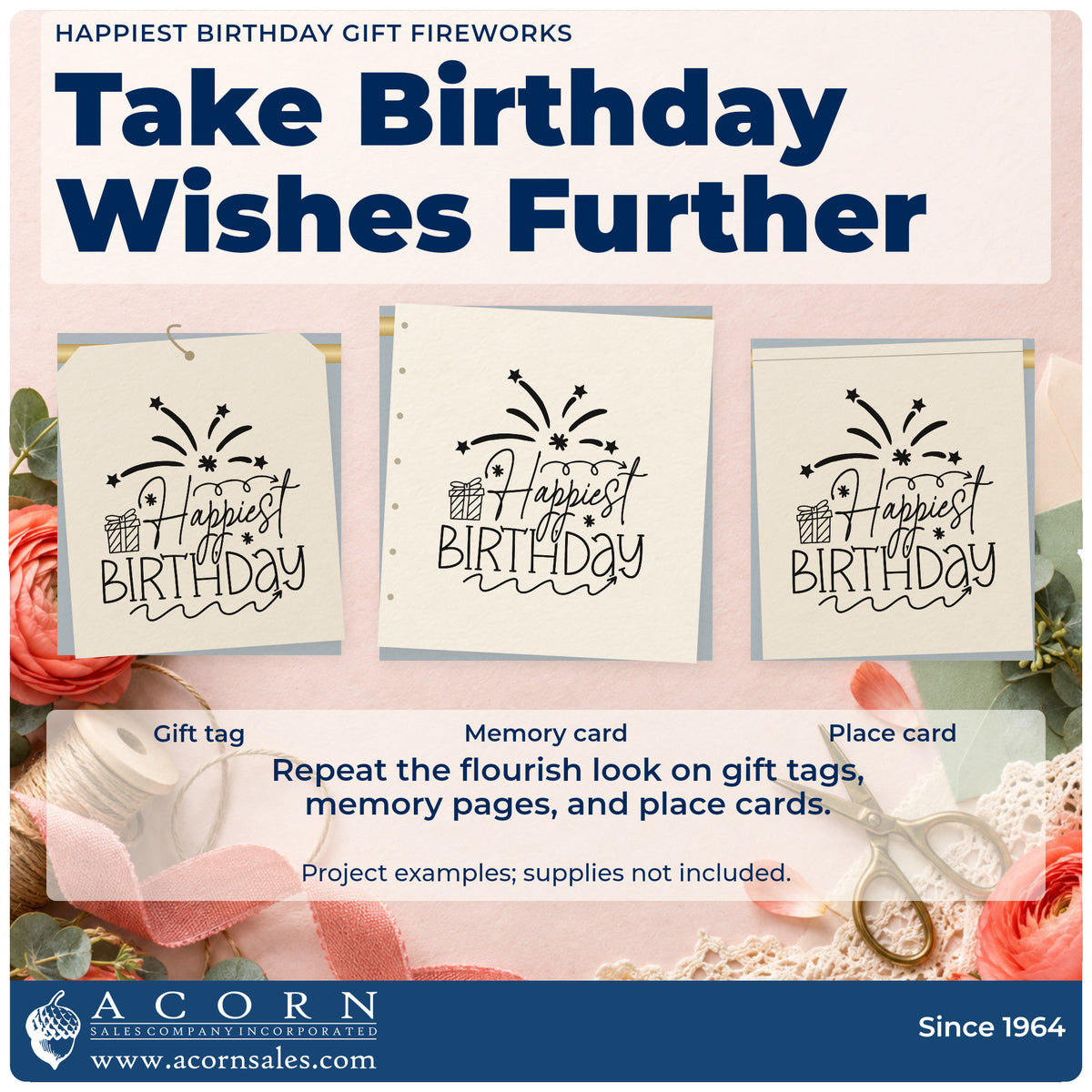 Three project examples made with the Birthday Gift And Firework Wishes Rubber Stamp – Duo Hand, including cook plan sheet.