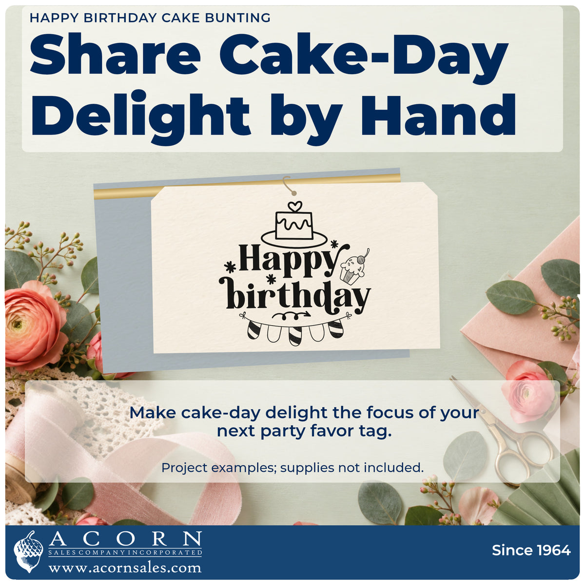 A finished handmade project stamped with the Happy Birthday Cake And Cupcake Bunting Premium Wooden Stamp – Vintage Pro, ideal for sleepover album page.