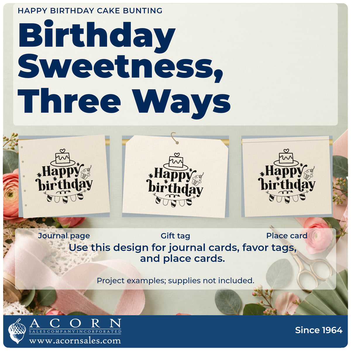 Three project examples made with the Happy Birthday Cake And Cupcake Bunting Rubber Stamp – Duo Hand, including night plan sheet.