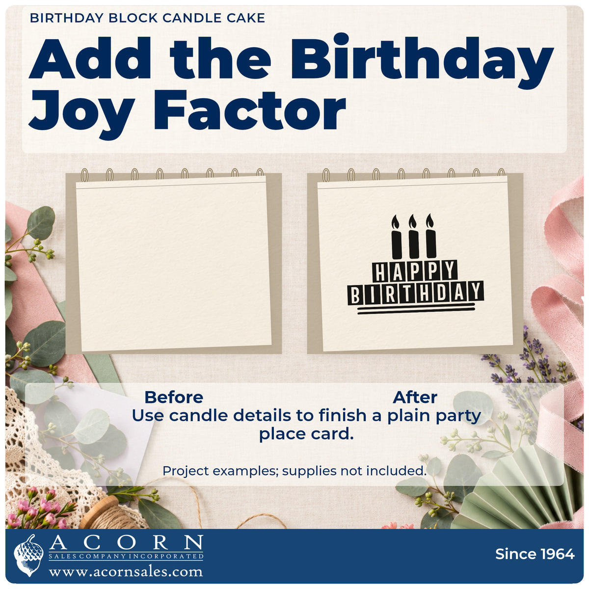 Before and after of a plain item finished with the Three Candles Happy Birthday Block Art Wood Handle Stamp, a quick upgrade for framed club room.