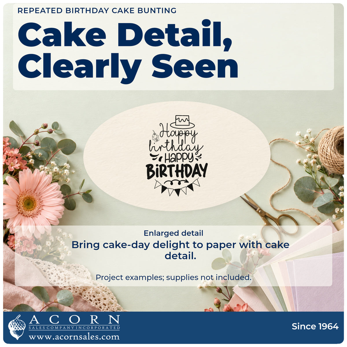 Enlarged detail of the Repeated Birthday Cake Bunting Wood-Mounted Rubber Stamp imprint. Happy birthday HAPPY BIRTHDAY appears with a small cake, decorative marks, and triangular bunting.