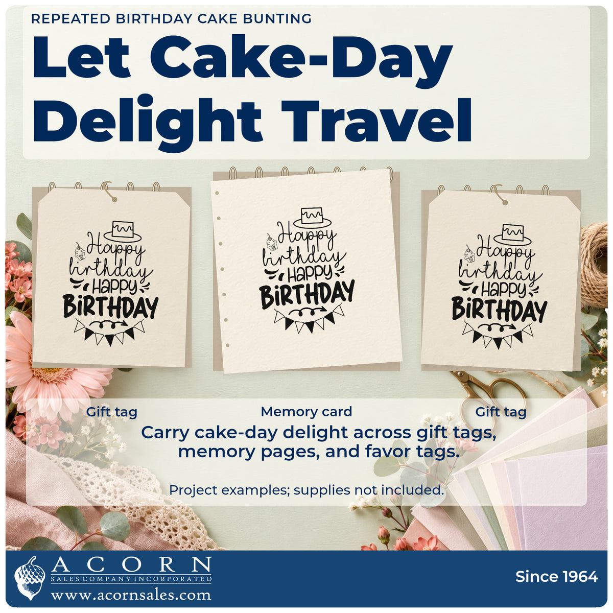 Three project examples made with the Repeated Birthday Cake Bunting Self-Inking Stamp, including event book sheet.