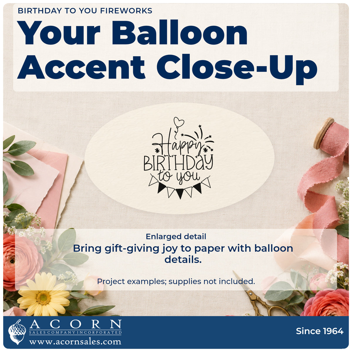 Enlarged detail of the Birthday To You Fireworks Balloons Stamp – Premium Vintage Pro Wooden imprint. Happy BIRTHDAY to you appears with a heart balloon, fireworks, and triangular bunting.