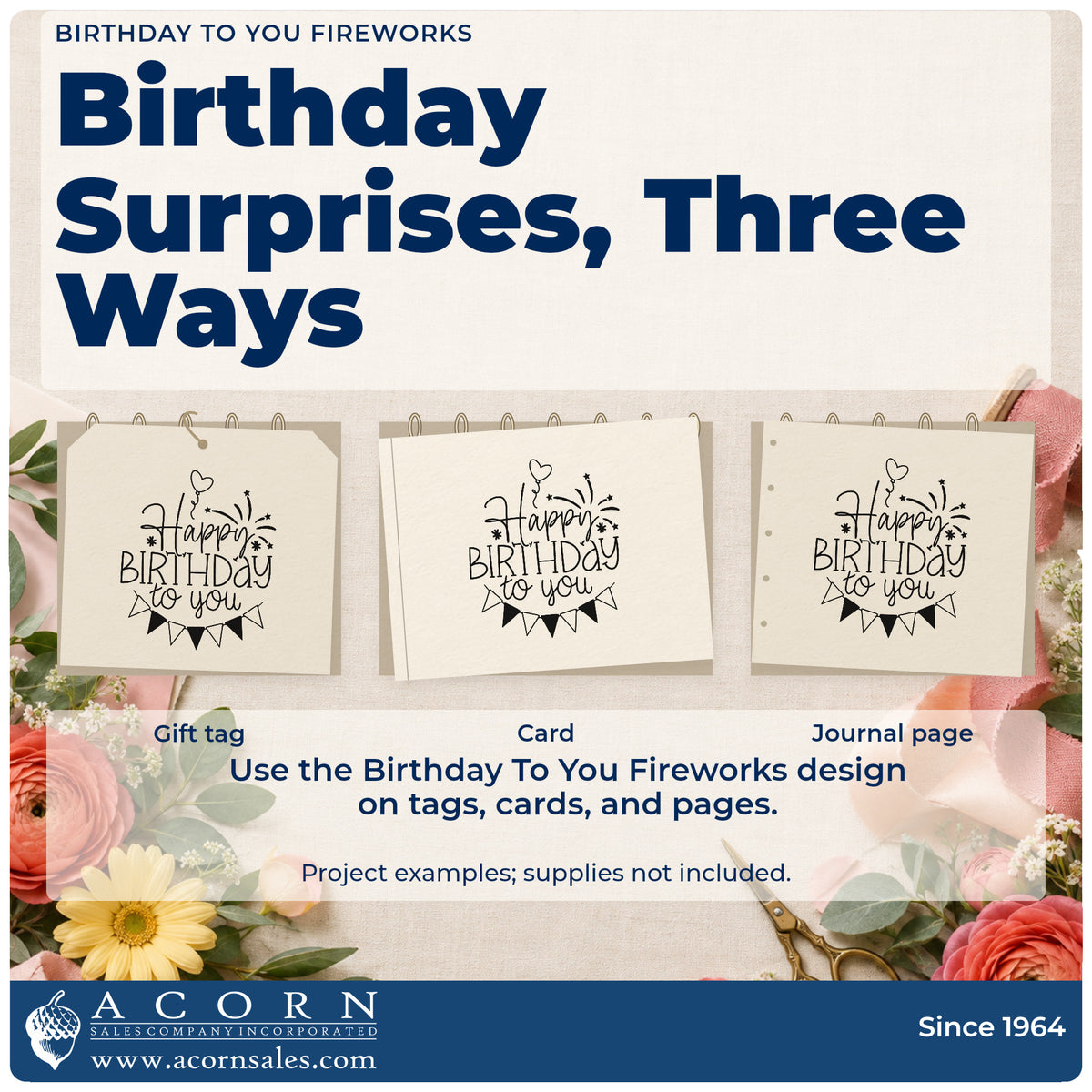 Three project examples made with the Birthday To You Fireworks Balloons Stamp – Self-Inking, including mailing date sheet.