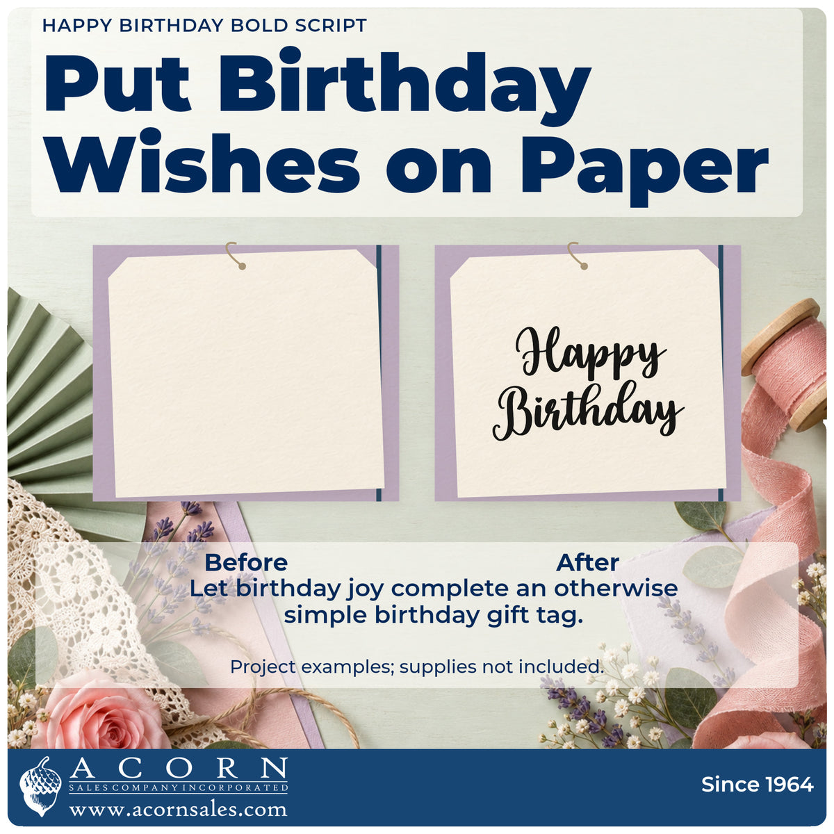 Before and after of a plain item finished with the Happy Birthday Bold Script Self-Inking Stamp, a quick upgrade for framed making desk.