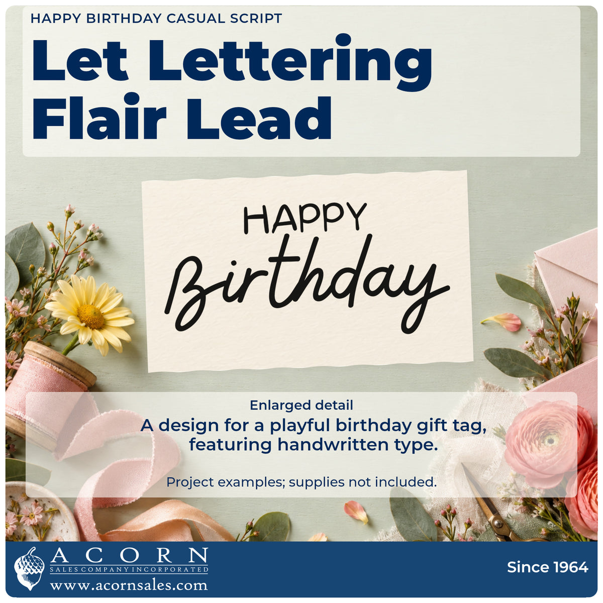 Enlarged detail of the Happy Birthday Casual Script Lettering Self-Inking Stamp imprint. HAPPY appears in small handwritten capitals above a broad casual Birthday script.