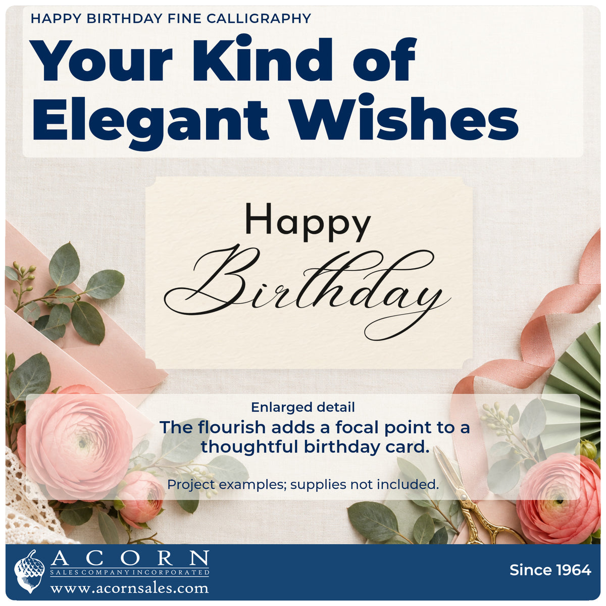Enlarged detail of the Happy Birthday Fine Calligraphy Script Lettering Slim Pre-Inked Stamp imprint. Plain Happy sits above an ornate Birthday script with long delicate flourishes.