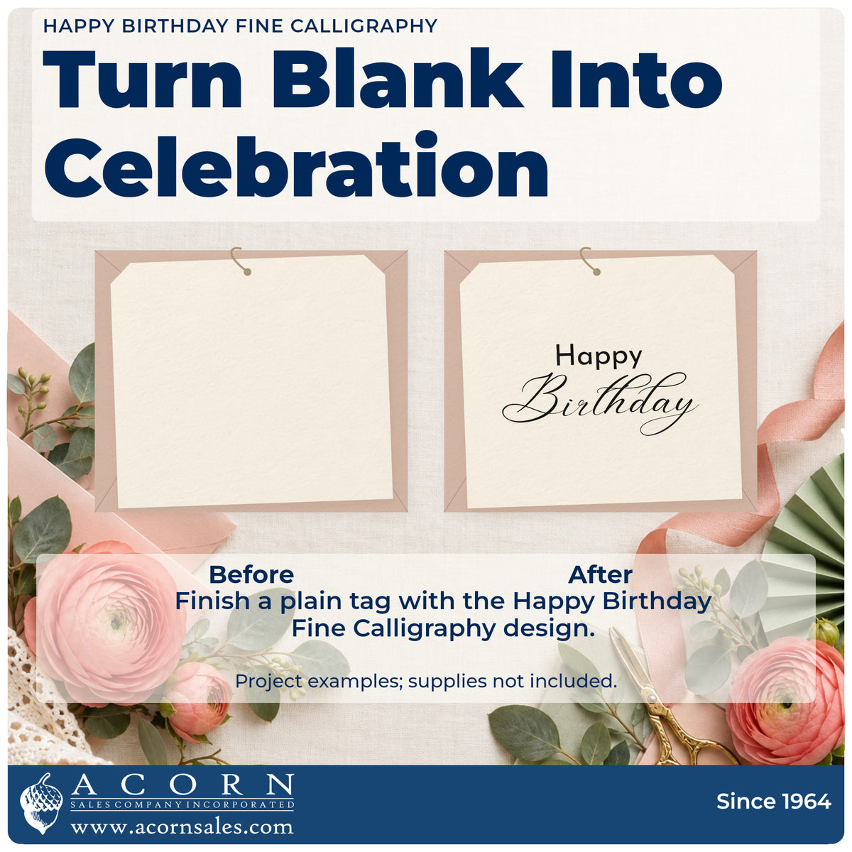 Before and after of a plain item finished with the Happy Birthday Fine Calligraphy Script Lettering Slim Pre-Inked Stamp, a quick upgrade for framed work bench.