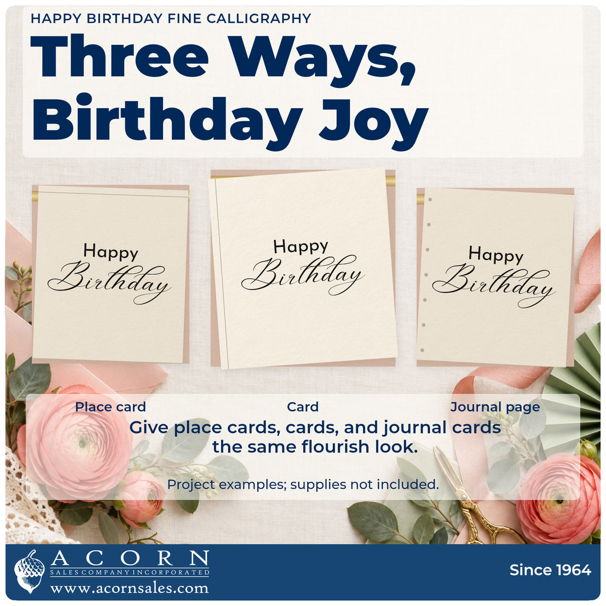 Three project examples made with the PSI Pre-Inked Happy Birthday Fine Calligraphy Script Lettering Stamp, including order queue sheet.