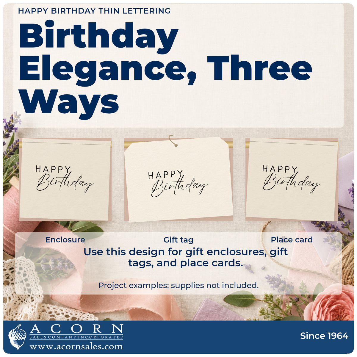 Three project examples made with the Happy Birthday Thin Lettering Rubber Stamp – Duo Hand, including evening plan sheet.