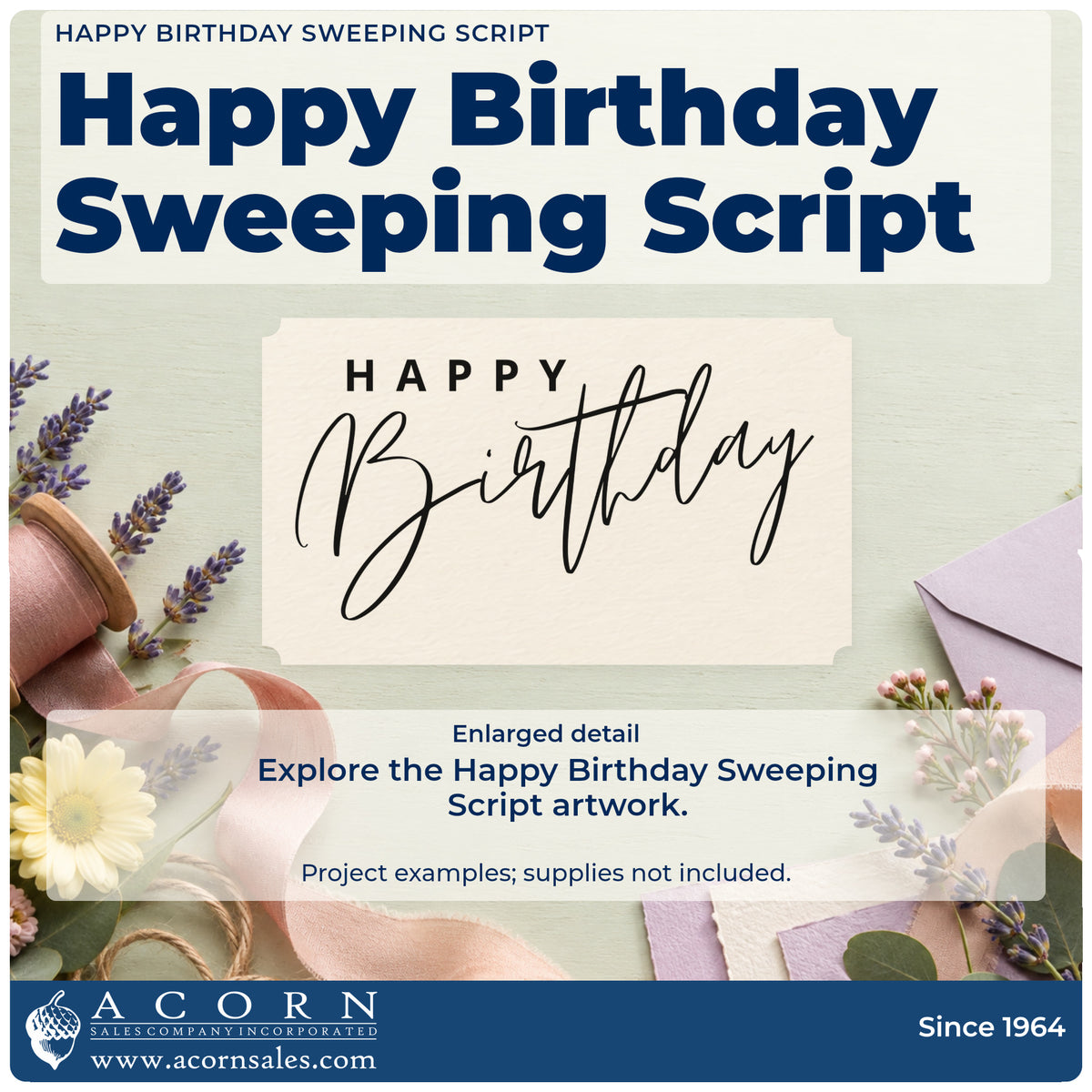Enlarged detail of the Birthday Wishes Long Crossing Flourishes Wood-Mounted Rubber Stamp imprint. Small spaced HAPPY sits above a wide, fine Birthday script with long crossing strokes.