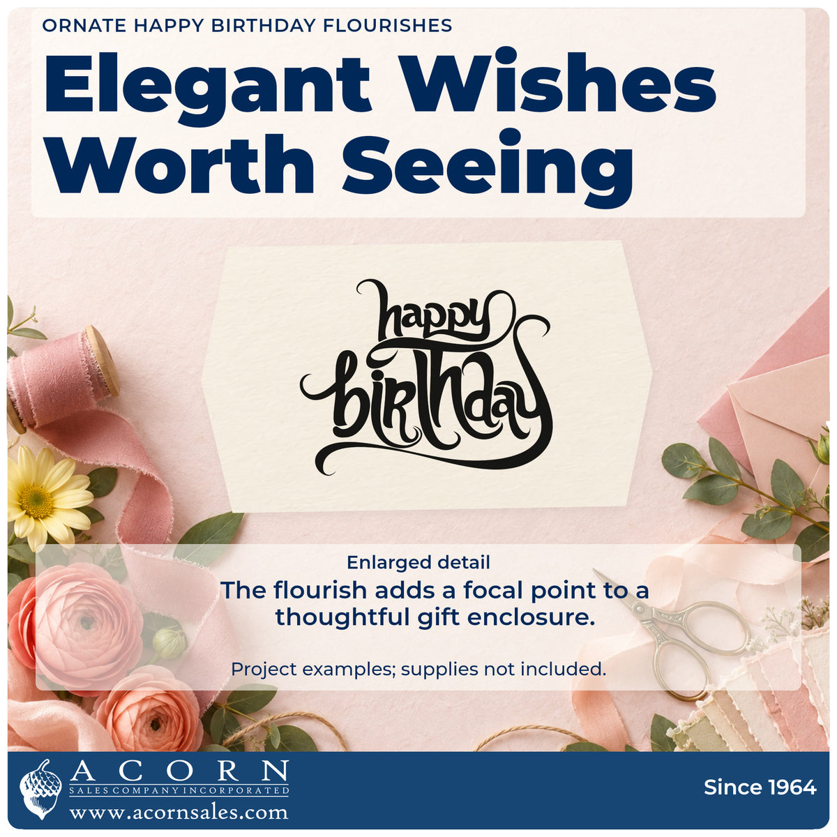 Enlarged detail of the Ornate Happy Birthday Flourishes Wood Handle Stamp imprint. happy birthday appears in elaborate thick script with large curling flourishes.