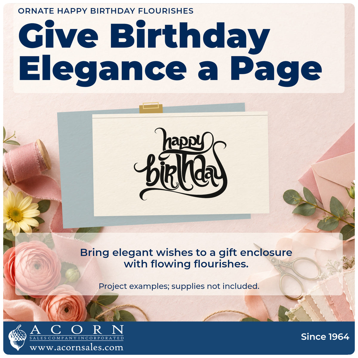 A finished handmade project stamped with the Ornate Happy Birthday Flourishes Slim Pre-Inked Stamp, ideal for vintage party album page.