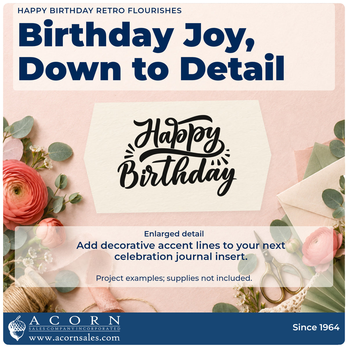 Enlarged detail of the Happy Birthday Retro Flourishes Script Lettering Rubber Stamp – Wood Handle imprint. Happy Birthday appears in bold retro script with sweeping underlines and small accent strokes.