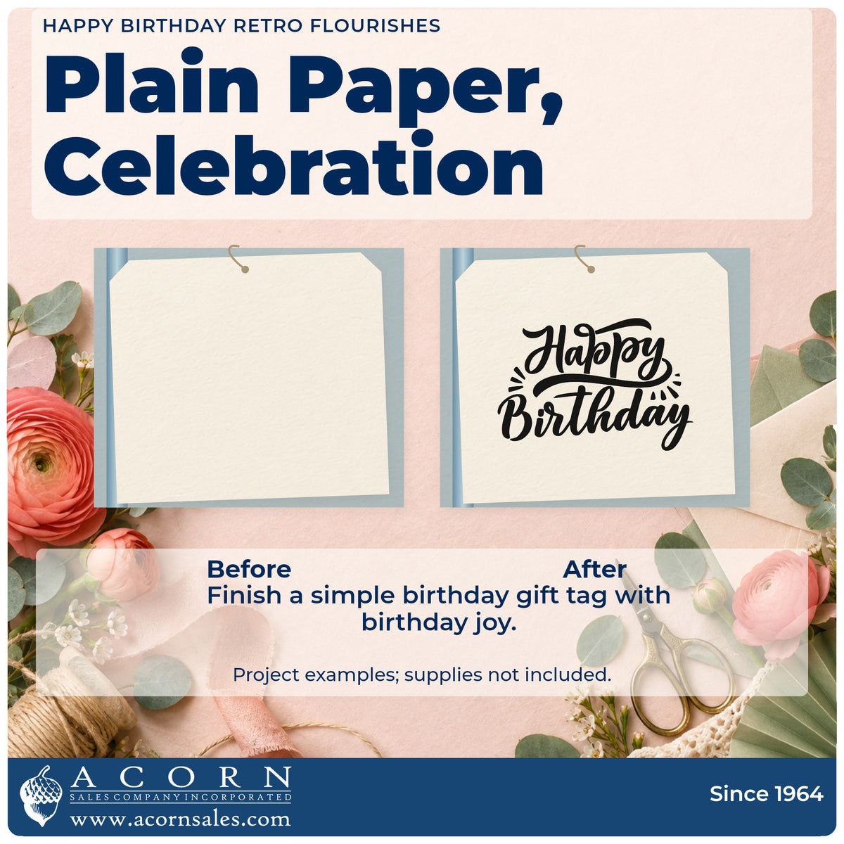 Before and after of a plain item finished with the Happy Birthday Retro Flourishes Script Lettering Hand Stamp – Duo, a quick upgrade for framed skate counter.