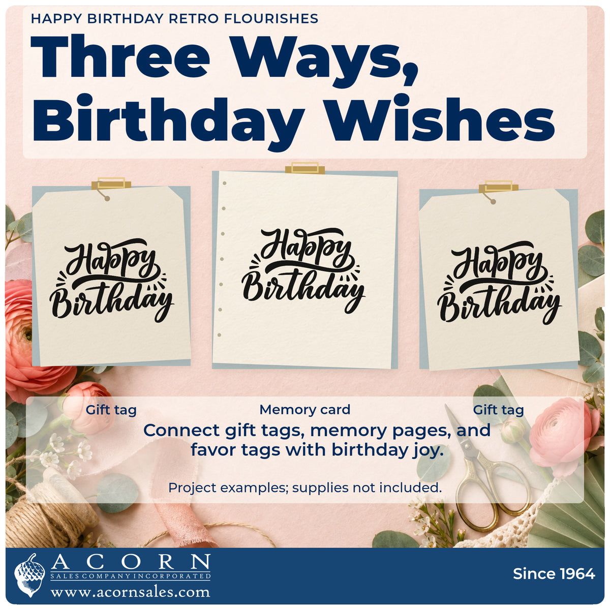 Three project examples made with the Happy Birthday Retro Flourishes Script Lettering Stamp – Slim Pre-Inked, including session slot sheet.