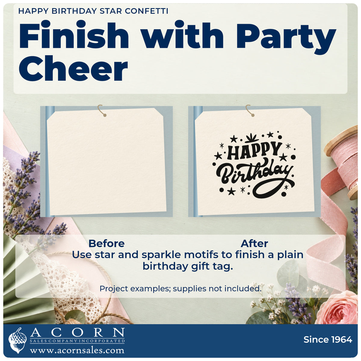 Before and after of a plain item finished with the Happy Birthday Star Confetti Rubber Stamp – Duo Hand, a quick upgrade for framed entry hall.