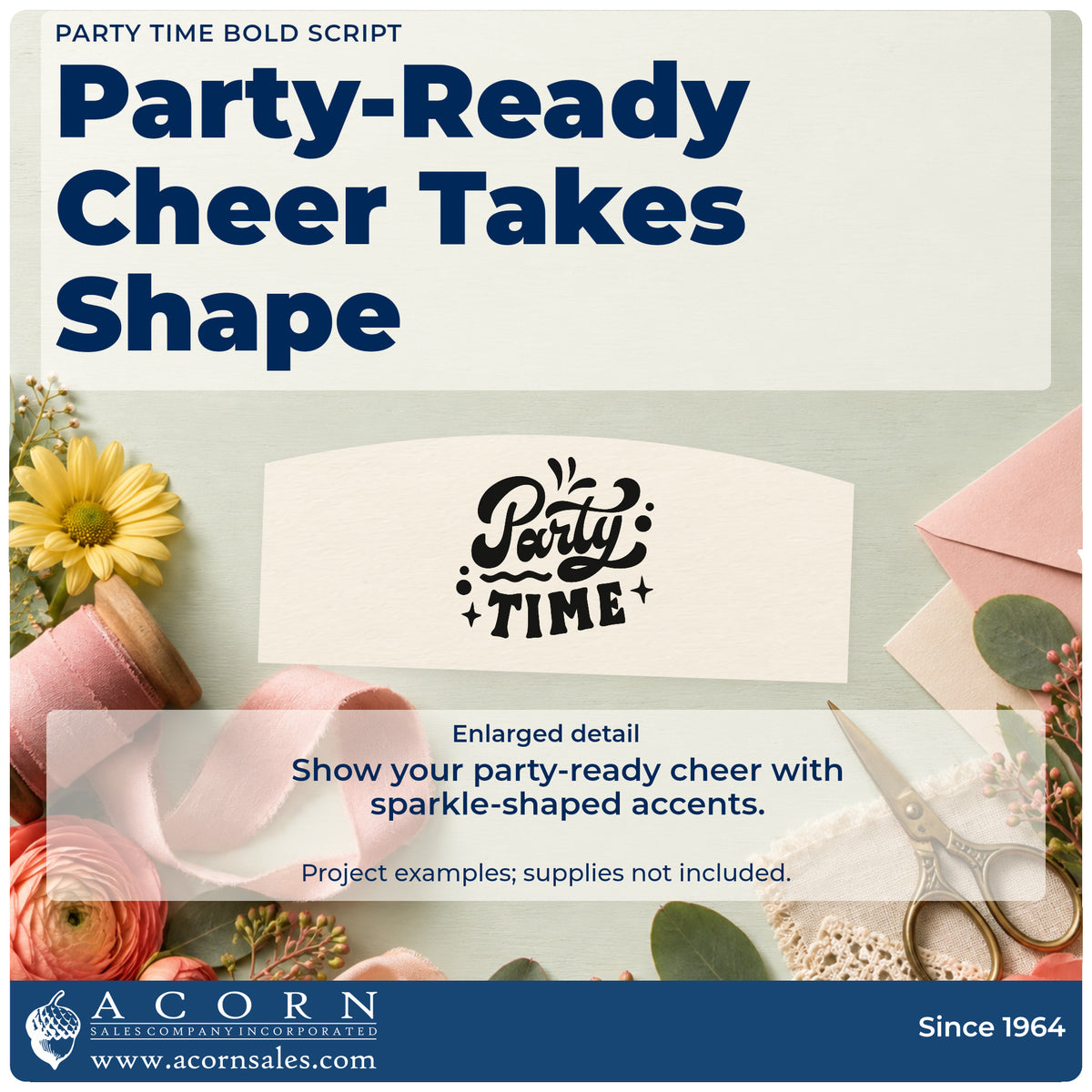 Enlarged detail of the Party Time Slim Pre-Inked Stamp imprint. Party TIME appears with dots, diamond sparkles, and decorative curved strokes.