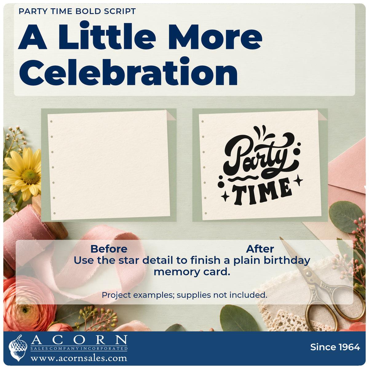 Before and after of a plain item finished with the Party Time Stamp – Self-Inking, a quick upgrade for framed party corner.