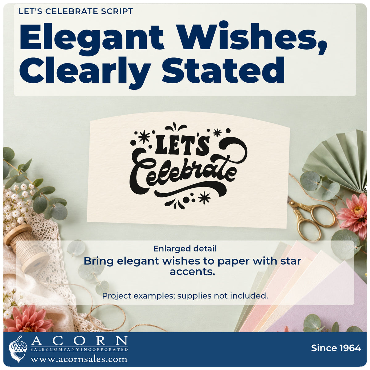 Enlarged detail of the Let's Celebrate Stars And Flourishes Wood Handle Stamp imprint. LET'S Celebrate appears in bold decorative lettering with stars, dots, and flourishes.
