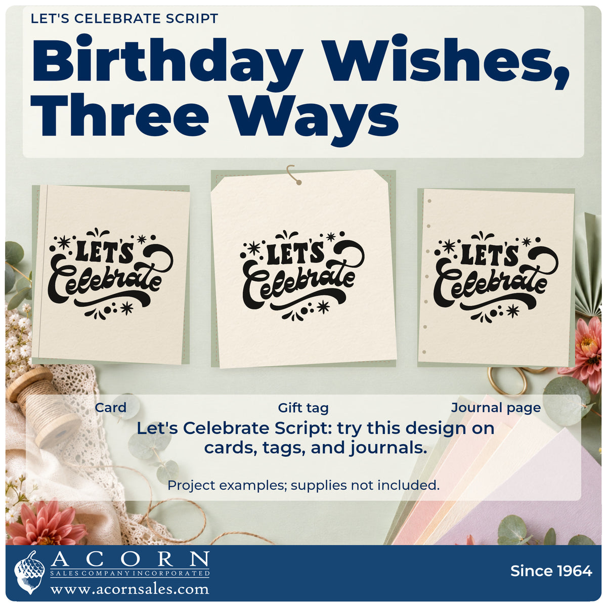 Three project examples made with the Let's Celebrate Stars And Flourishes Self-Inking Craft Stamp, including month date sheet.
