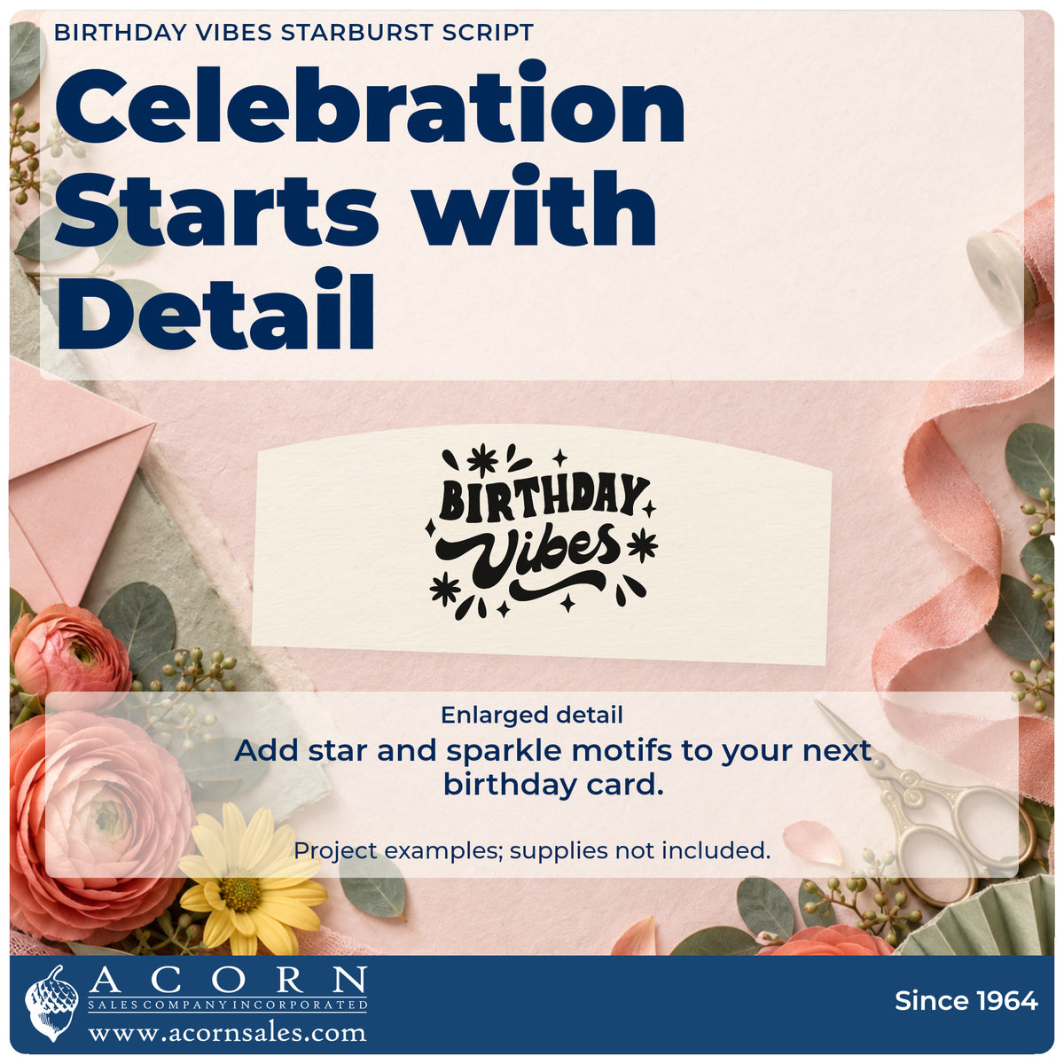 Enlarged detail of the Birthday Vibes Starburst Script Lettering Pre-Inked Stamp – Slim imprint. BIRTHDAY Vibes appears with stars, sparkles, and teardrop-shaped accent strokes.