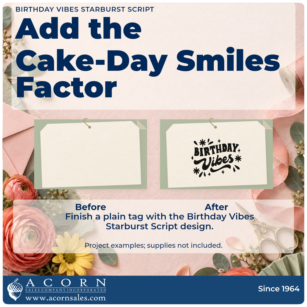 Before and after of a plain item finished with the Birthday Vibes Starburst Script Lettering Self-Inking Stamp, a quick upgrade for framed studio entry.