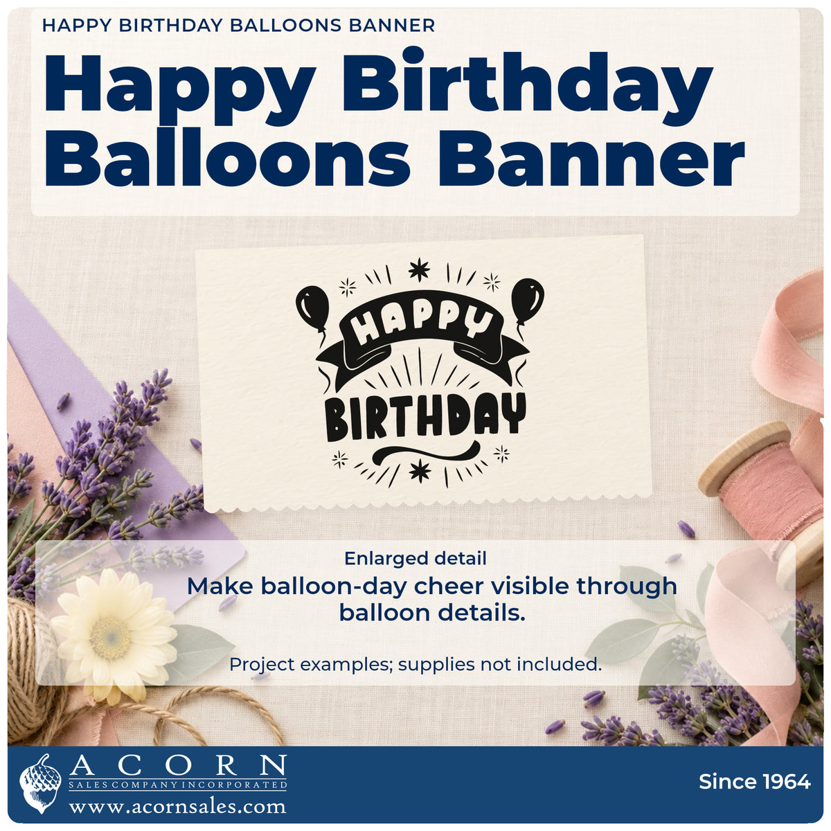 Enlarged detail of the Happy Birthday Balloons Banner Premium Wooden Stamp – Vintage Pro imprint. HAPPY appears on a curved ribbon above BIRTHDAY with two balloons and radiating sparkles.