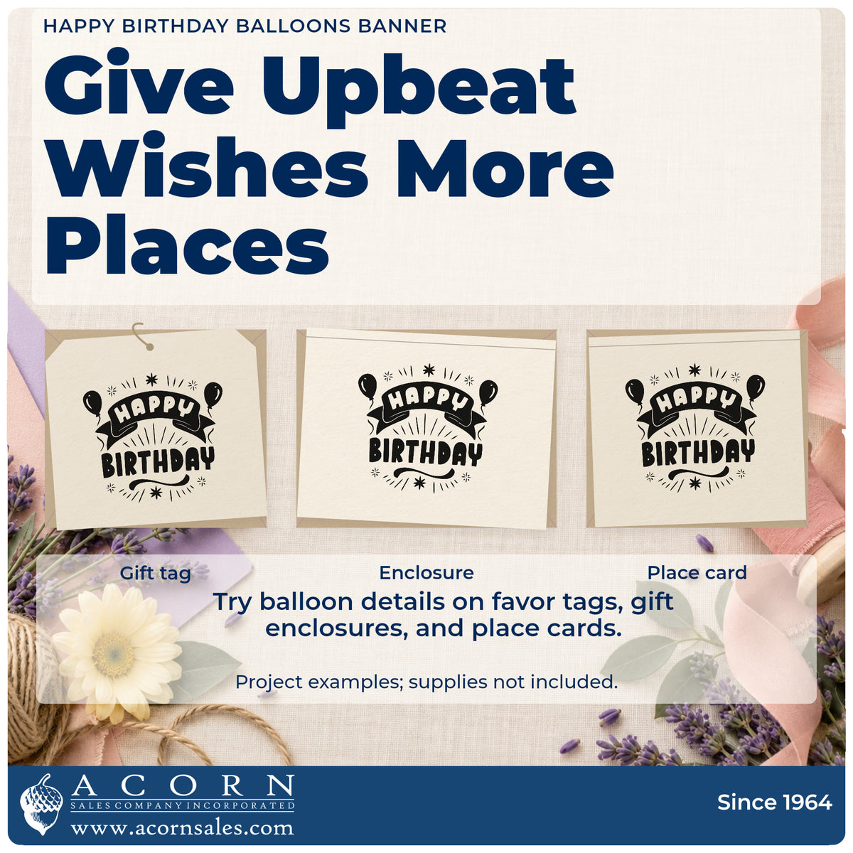 Three project examples made with the Happy Birthday Balloons Banner Premium Wooden Stamp – Vintage Pro, including weekend plan sheet.