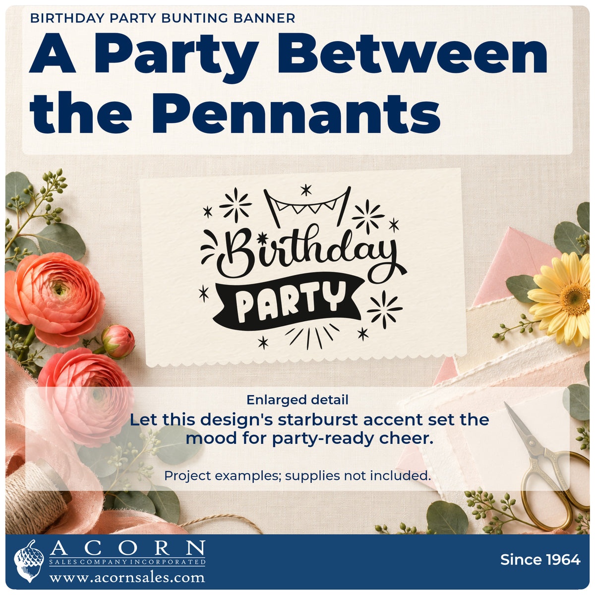 Enlarged detail of the Birthday Party Bunting Banner With Stars Stamp – Slim Pre-Inked imprint. Birthday PARTY appears with pennant bunting, a dark ribbon, starbursts, and small stars.