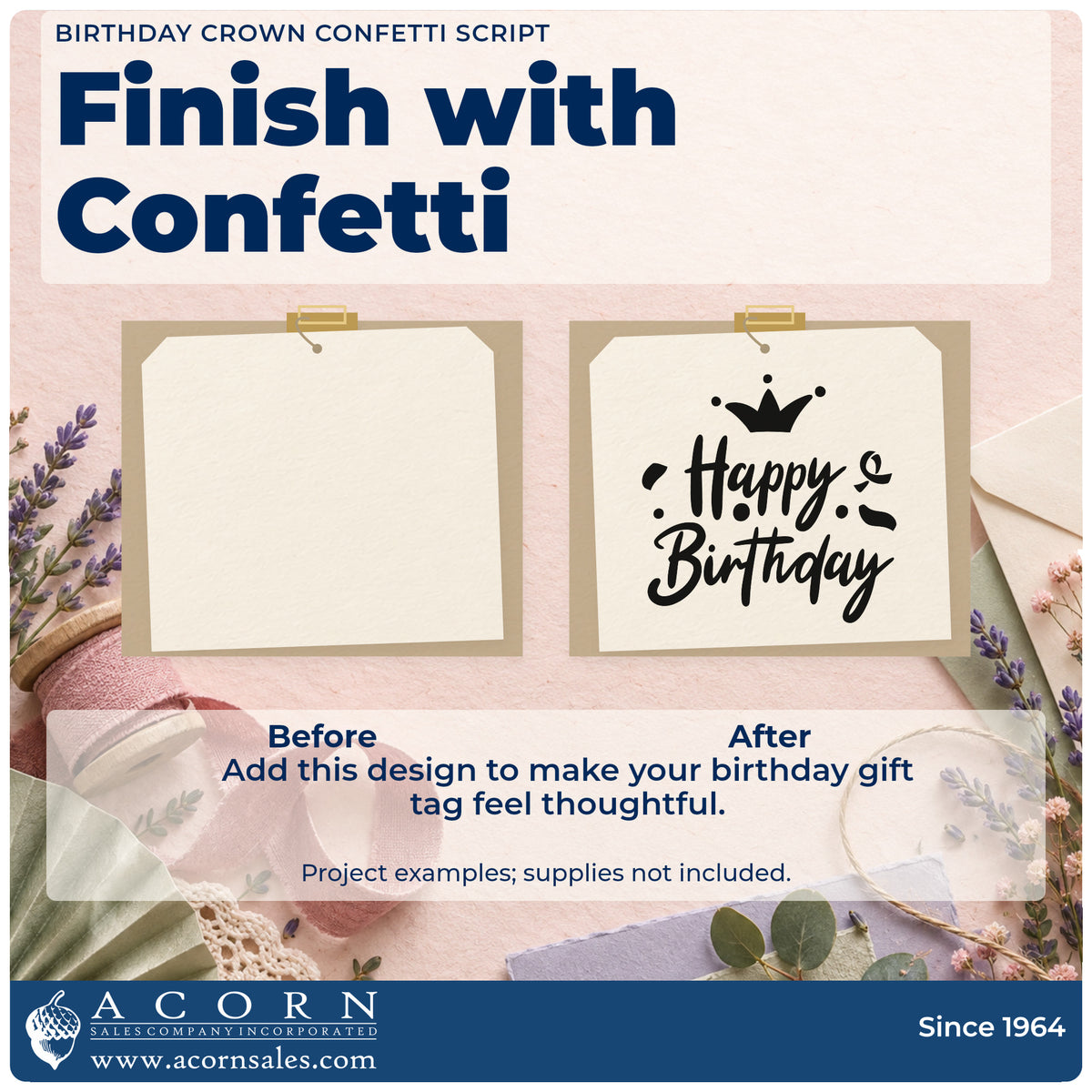 Before and after of a plain item finished with the Birthday Crown Confetti Script Rubber Stamp – Duo Hand, a quick upgrade for framed styling station.