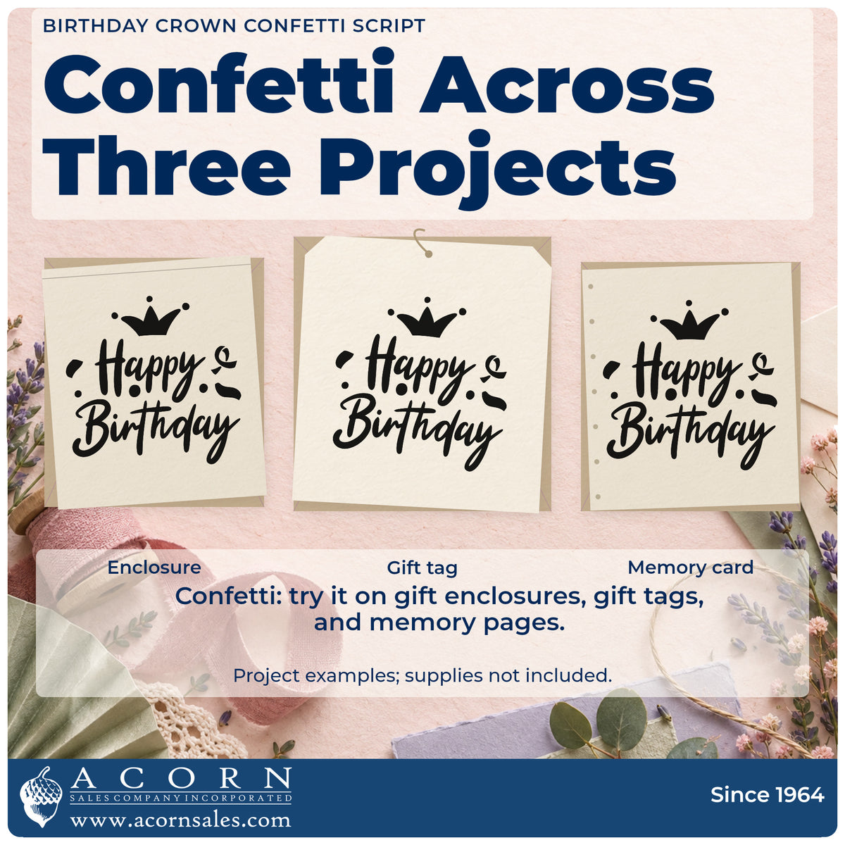 Three project examples made with the Birthday Crown Confetti Script Slim Pre-Inked Stamp, including chair book sheet.