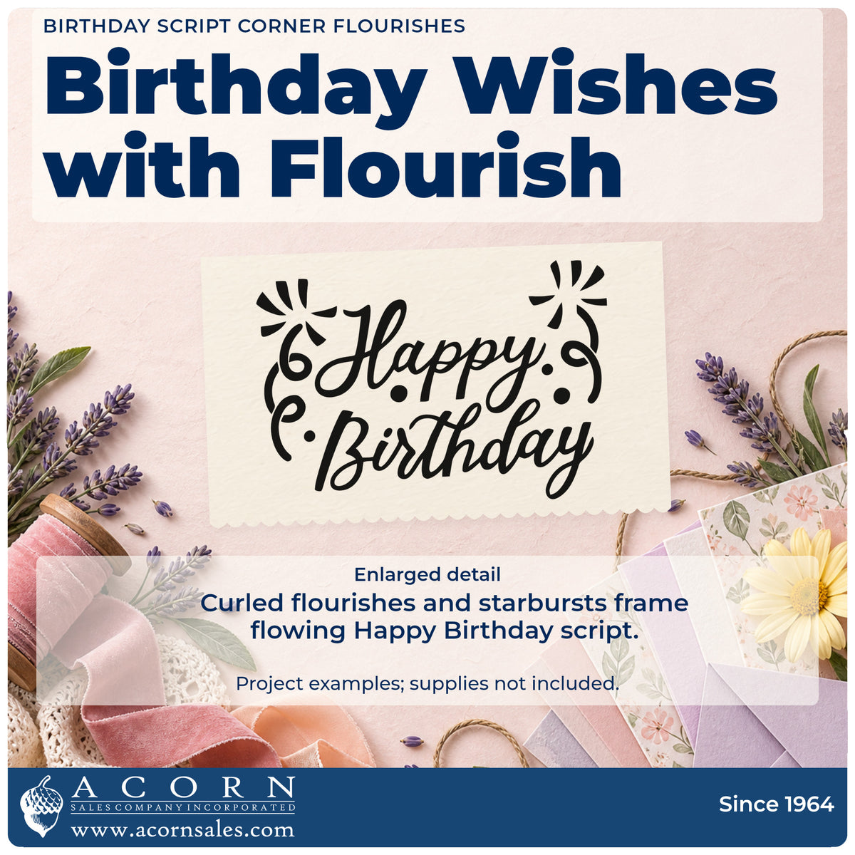 Enlarged detail of the Pre-Inked Birthday Script Corner Flourishes With Sparkles Stamp – PSI imprint. Happy Birthday appears in flowing script framed by curled flourishes and starburst accents.