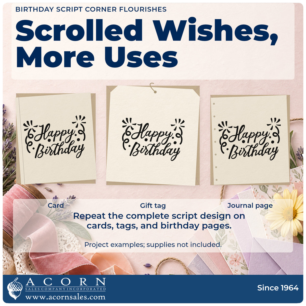 Three project examples made with the Birthday Script Corner Flourishes With Sparkles Pre-Inked Stamp – Slim, including session plan sheet.