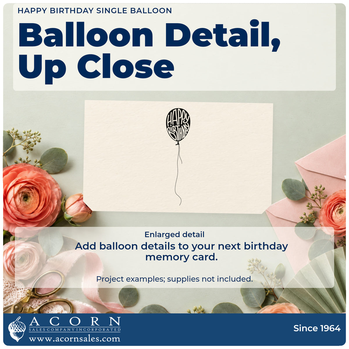 Enlarged detail of the Happy Birthday Single Balloon Premium Wood-Mounted Stamp – Vintage Pro imprint. A single dark balloon contains narrow HAPPY BIRTHDAY lettering and trails a long curled string.