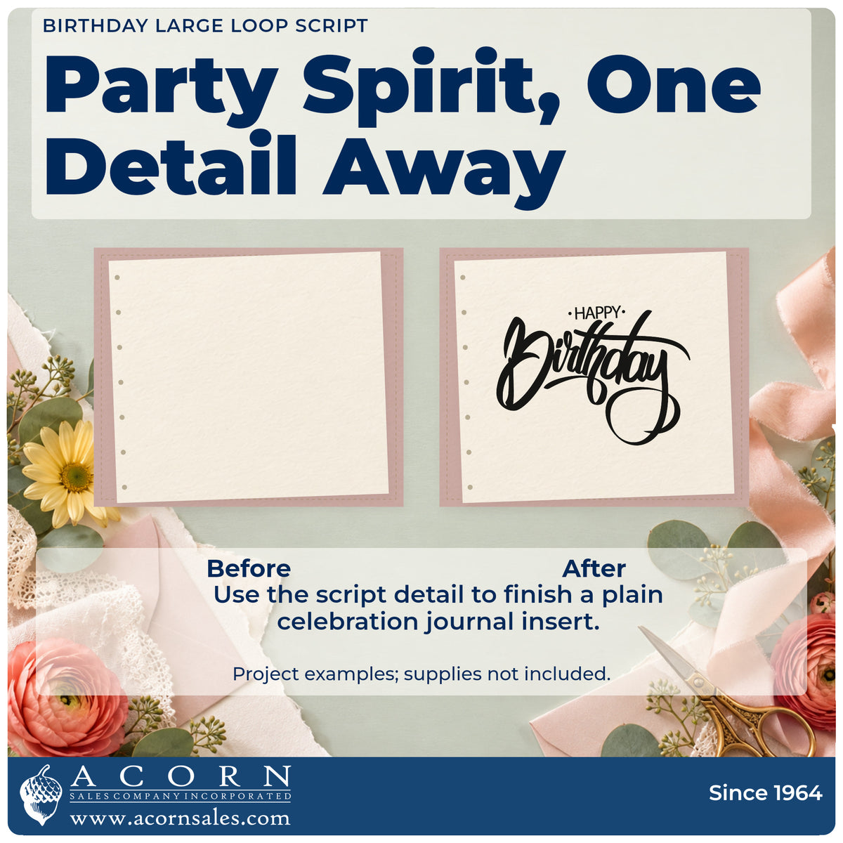 Before and after of a plain item finished with the Birthday Brush Lettering Loop Flourish PSI Pre-Inked Stamp, a quick upgrade for framed paint shop.