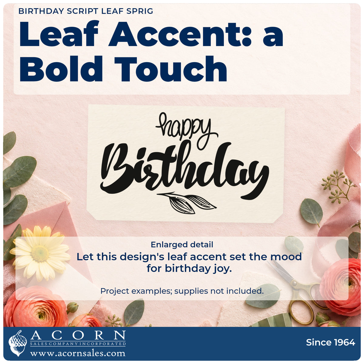 Enlarged detail of the Leaf-Sprig Birthday Wishes Pre-Inked Stamp – PSI imprint. Small happy sits above bold Birthday script with a leafy sprig below.
