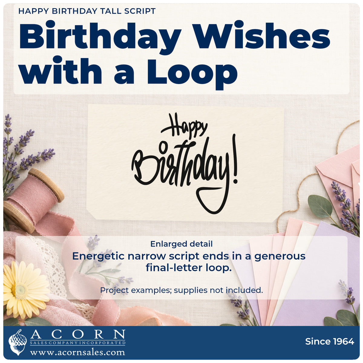 Enlarged detail of the Narrow Birthday Wishes With Final Loop Pre-Inked Stamp – Slim imprint. Happy Birthday! appears in narrow energetic script with a large loop on the final letter.