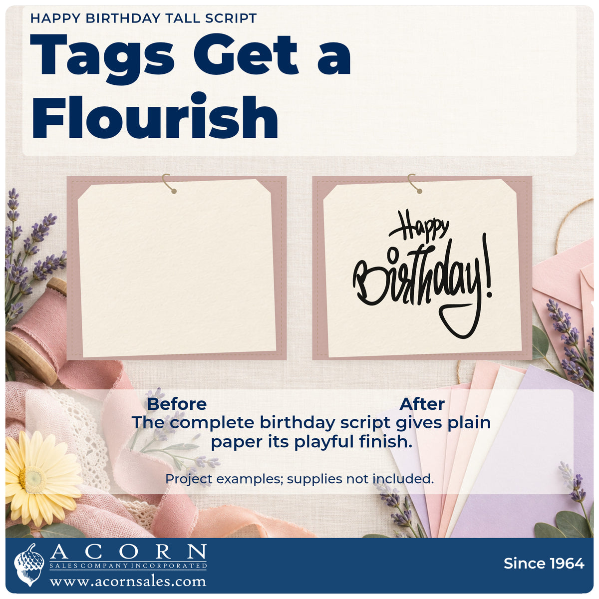 Before and after of a plain item finished with the Narrow Birthday Wishes With Final Loop Pre-Inked Stamp – Slim, a quick upgrade for framed tasting room.
