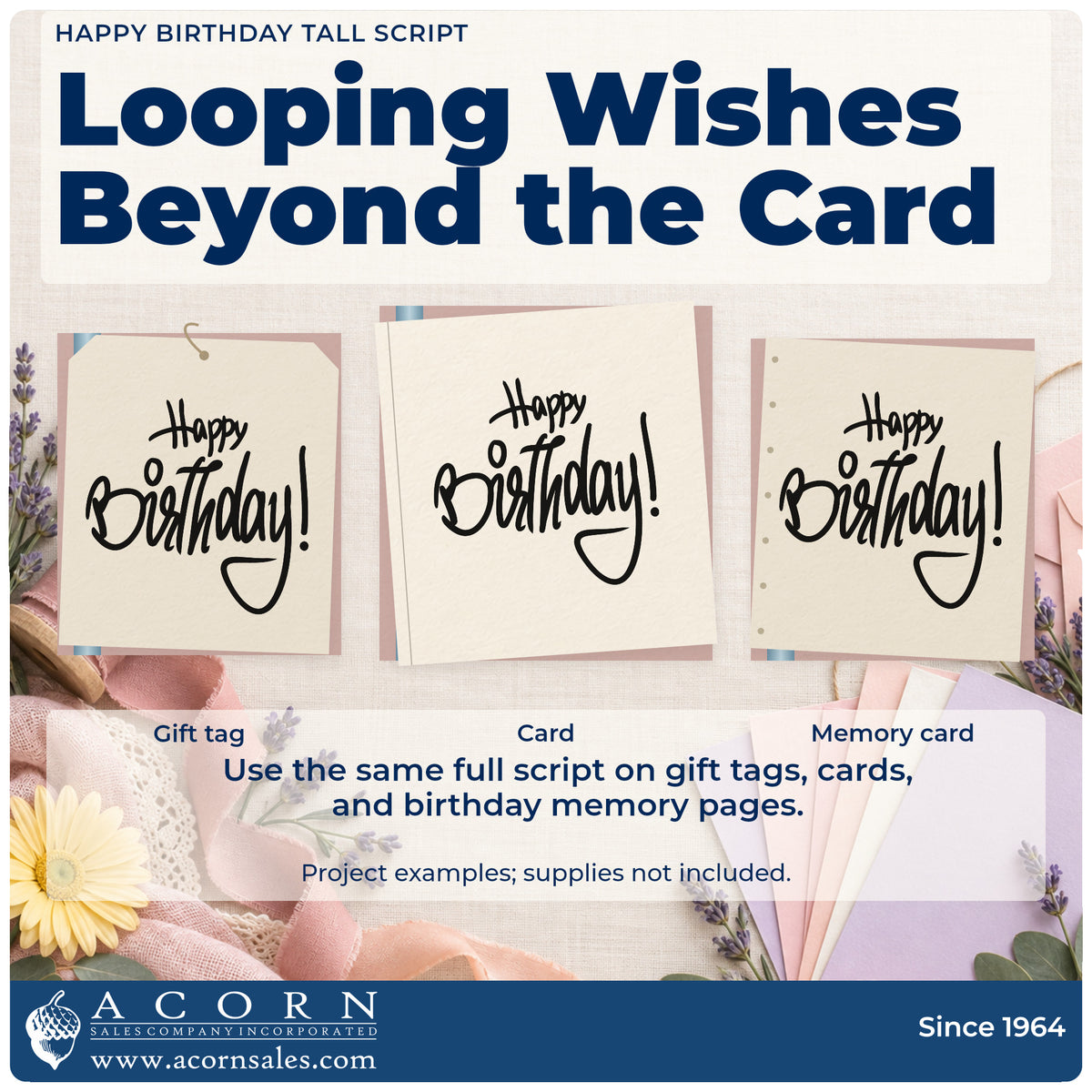Three project examples made with the Narrow Birthday Wishes With Final Loop Pre-Inked Stamp – Slim, including pour plan sheet.