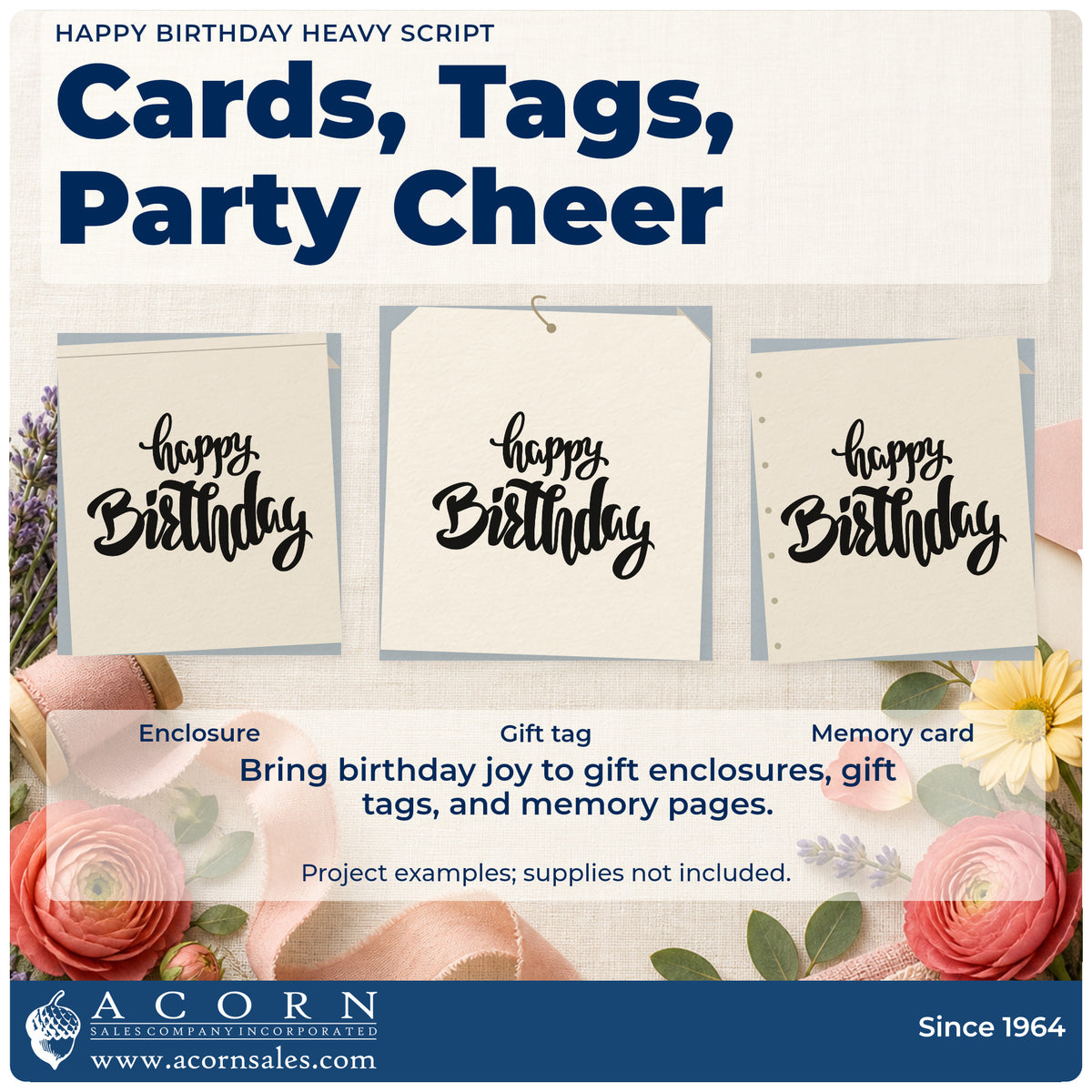 Three project examples made with the Happy Birthday Heavy Script Stamp – PSI Pre-Inked, including booking night sheet.