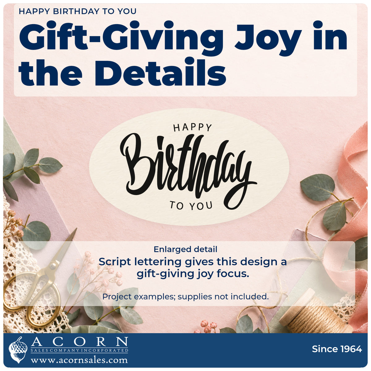 Enlarged detail of the Happy Birthday To You Framed Word Art PSI Pre-Inked Stamp imprint. Small HAPPY and TO YOU frame a large decorative Birthday script.