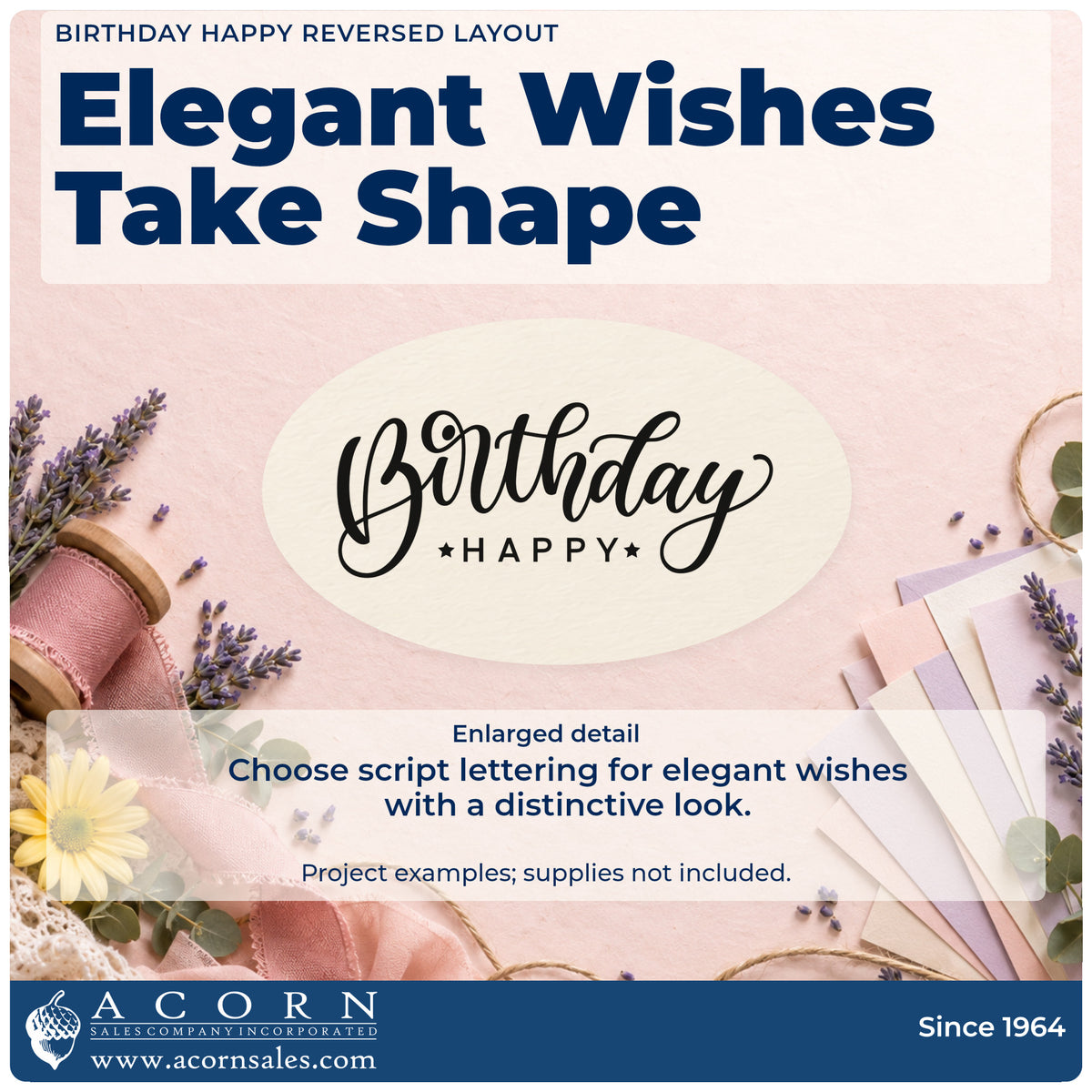 Enlarged detail of the Birthday Happy Reversed Layout Wood Handle Stamp imprint. A large looping Birthday script sits above small spaced HAPPY capitals.