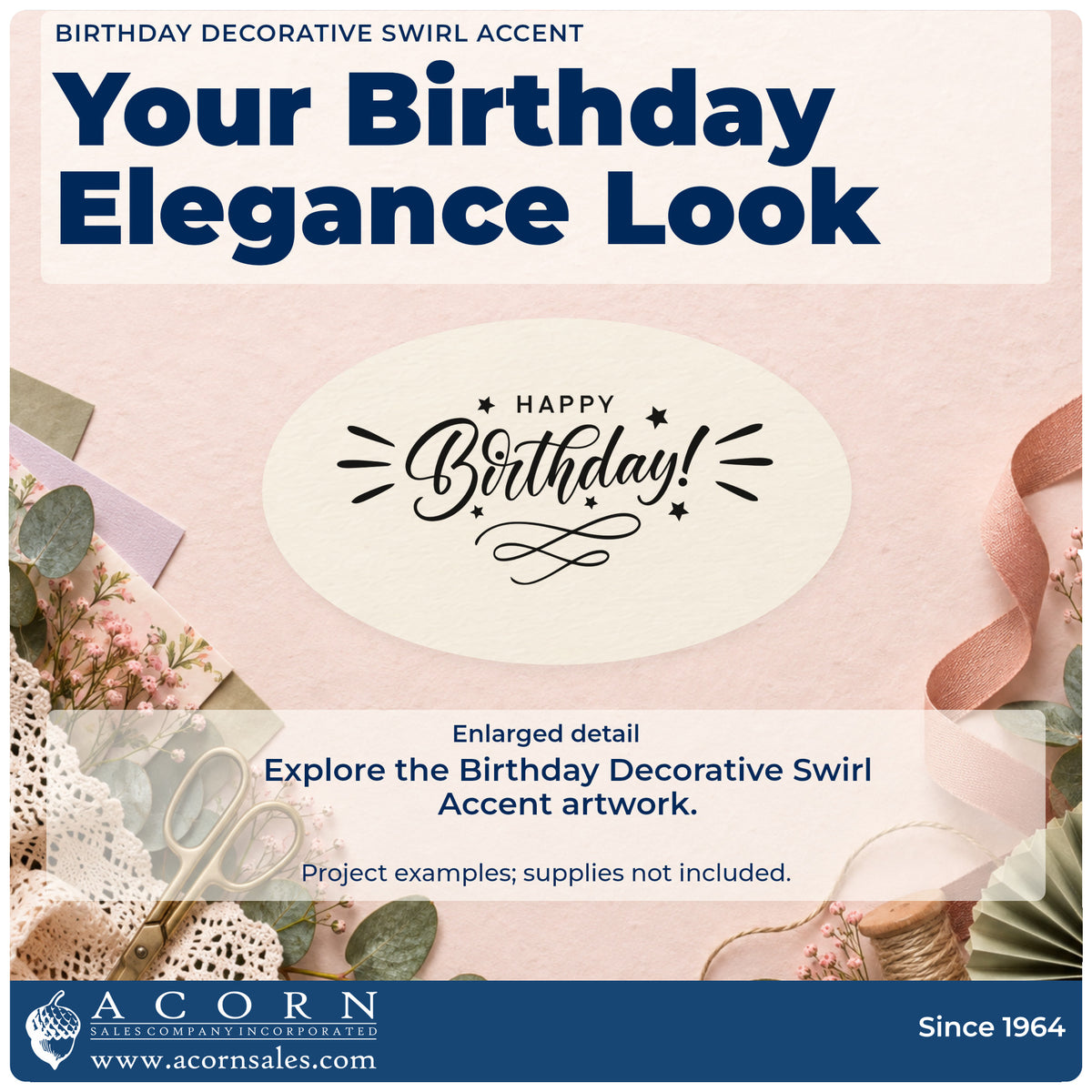 Enlarged detail of the Birthday Decorative Swirl Accent With Stars Pre-Inked Stamp – Slim imprint. HAPPY Birthday! appears with small stars, radiating side strokes, and a looping flourish below.