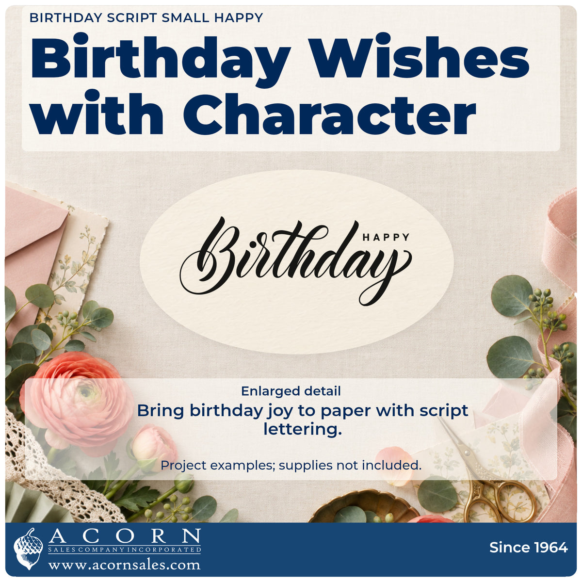 Enlarged detail of the Birthday Flowing Script Offset Happy Rubber Stamp – Duo Hand imprint. Birthday appears in a wide flowing script with tiny HAPPY above its right side.