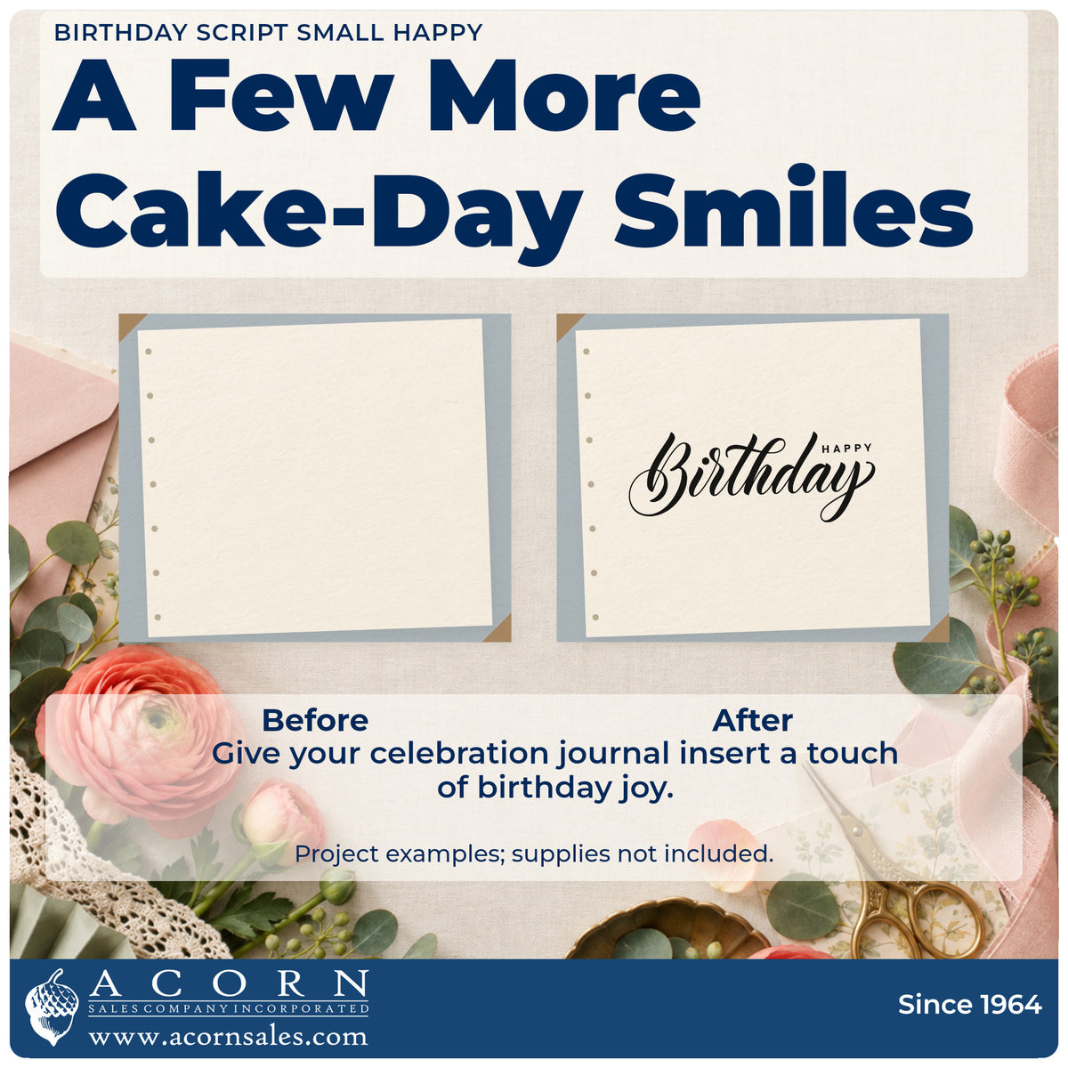Before and after of a plain item finished with the Birthday Flowing Script Offset Happy Compact Pre-Inked Stamp – Slim, a quick upgrade for framed stitch bench.