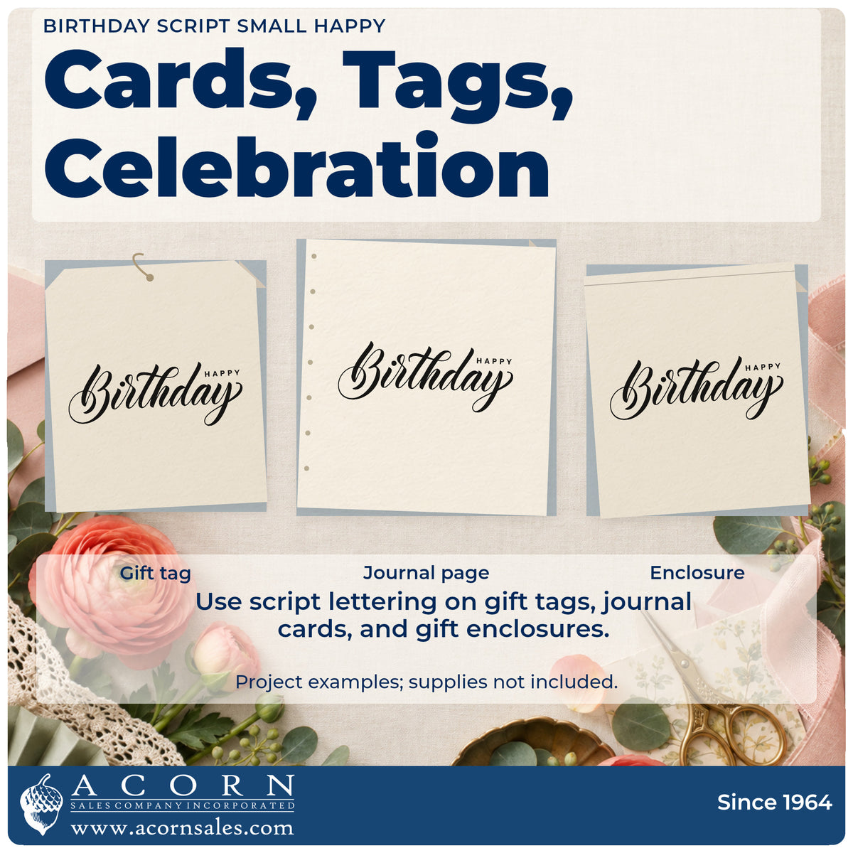 Three project examples made with the Birthday Flowing Script Offset Happy Rubber Stamp – Duo Hand, including order queue sheet.