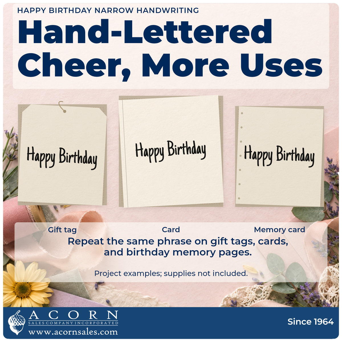 Three project examples made with the PSI Pre-Inked Happy Birthday Narrow Handwriting Lettering Stamp, including letter plan sheet.