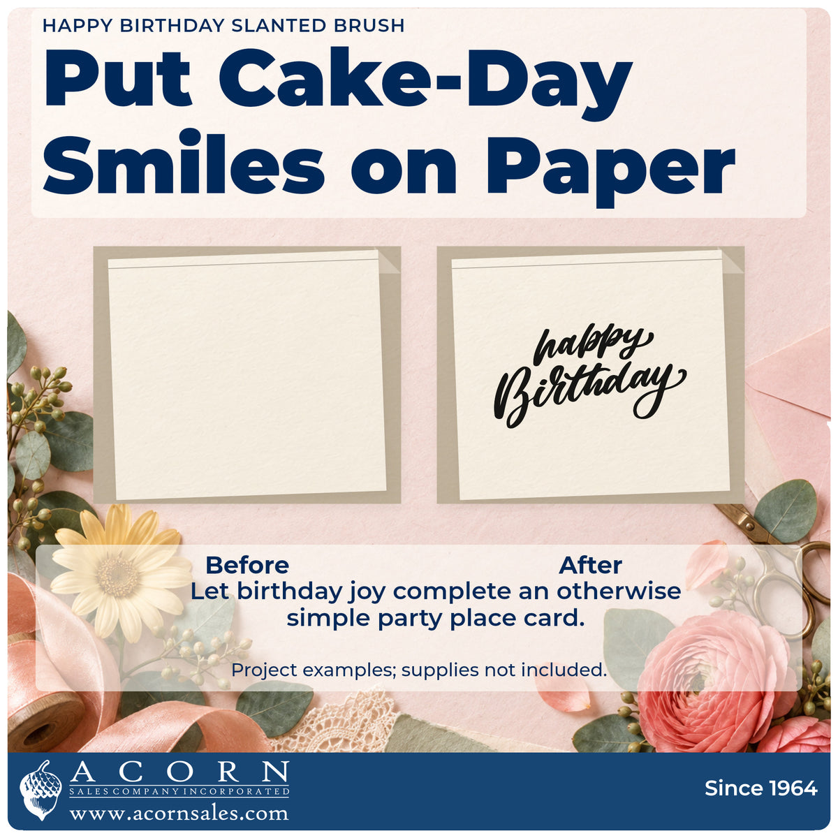 Before and after of a plain item finished with the Self-Inking Happy Birthday Slanted Brush Stamp, a quick upgrade for framed serving hatch.