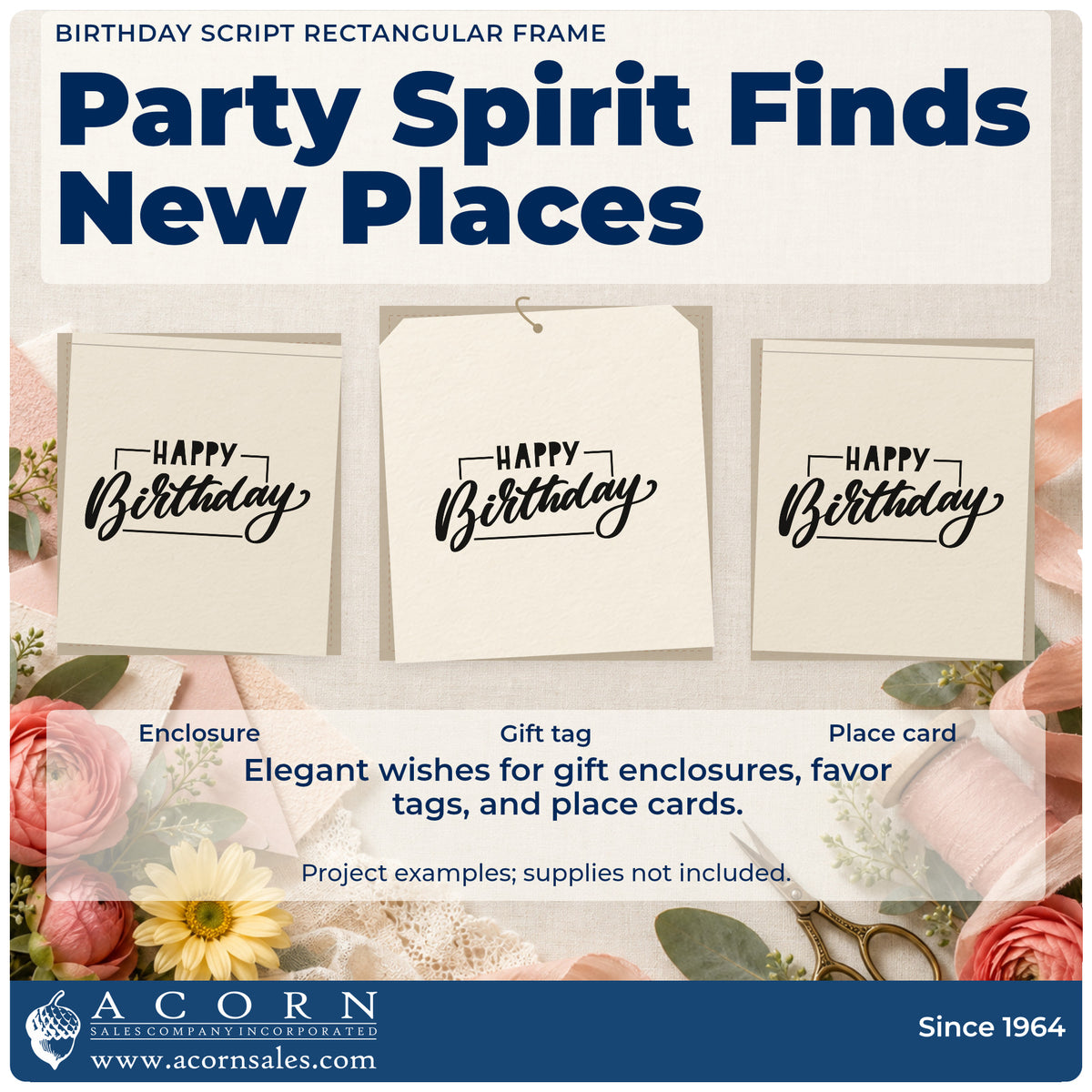 Three project examples made with the Birthday Script Rectangular Framed Lettering PSI Pre-Inked Stamp, including hire book sheet.